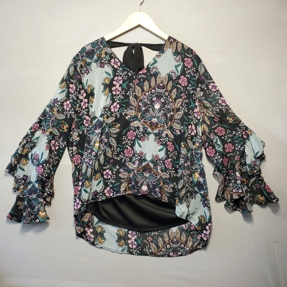 A Byer Floral Whimsigoth Chiffon Top Women 2X Black Ruffle Bell Sleeve Boho Chic